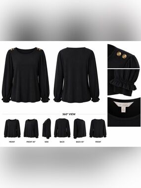 EUC LC Lauren Conrad Black Long-Sleeve Top w/Ruffle Cuffs &Shoulder Buttons LG